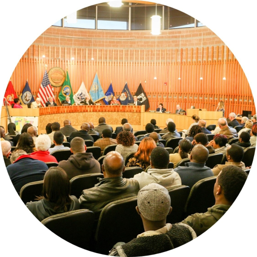 Council meeting from perspective of audience